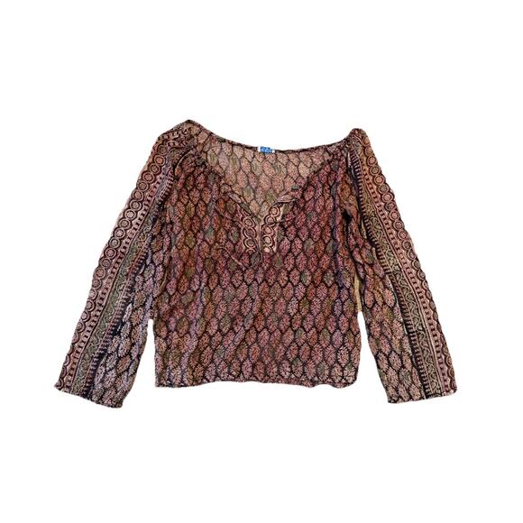 Vintage 1960s India Imports Printed Blouse S Brown Pink Flared Sleeve Tunic